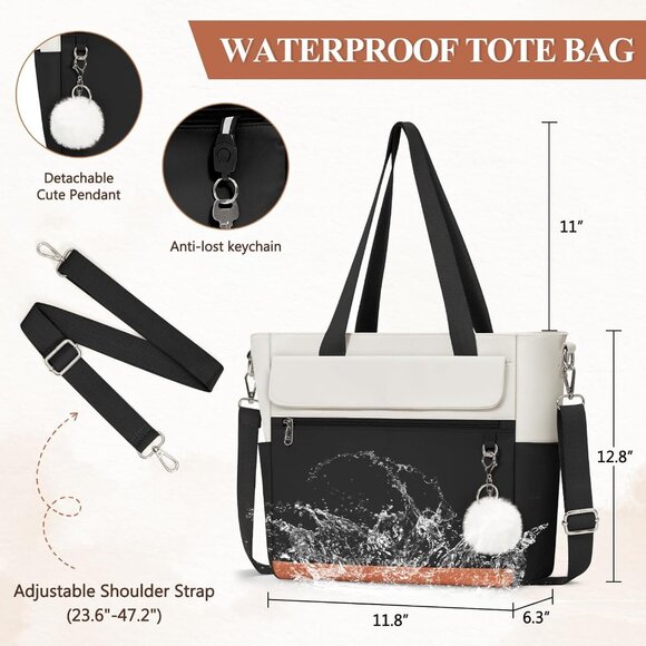 Women Black With White Multi-Pocket Waterproof Canvas Tote Bags with Zipper - Picture 2 of 6